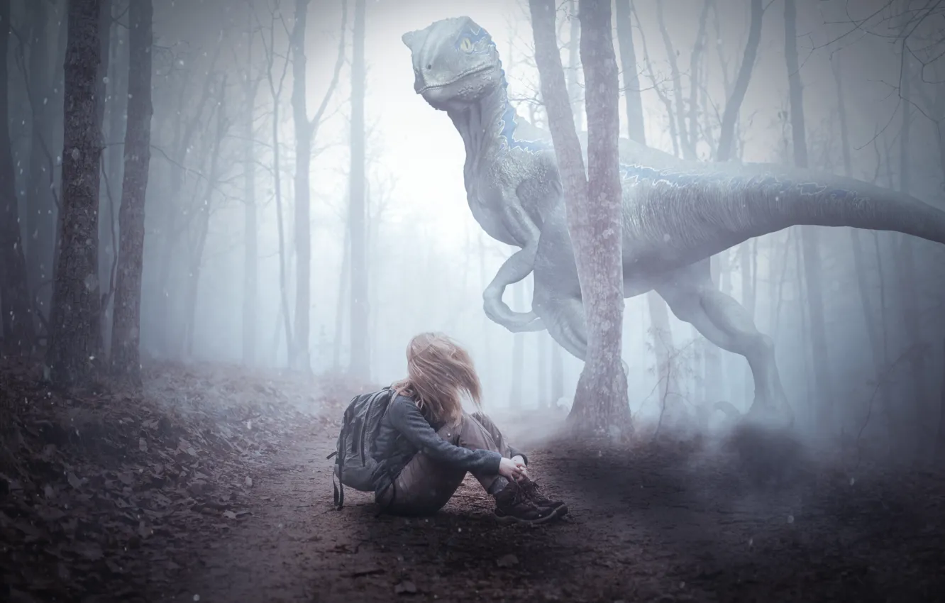 Photo wallpaper forest, girl, trees, fog, fantasy, hair, dinosaur, predator