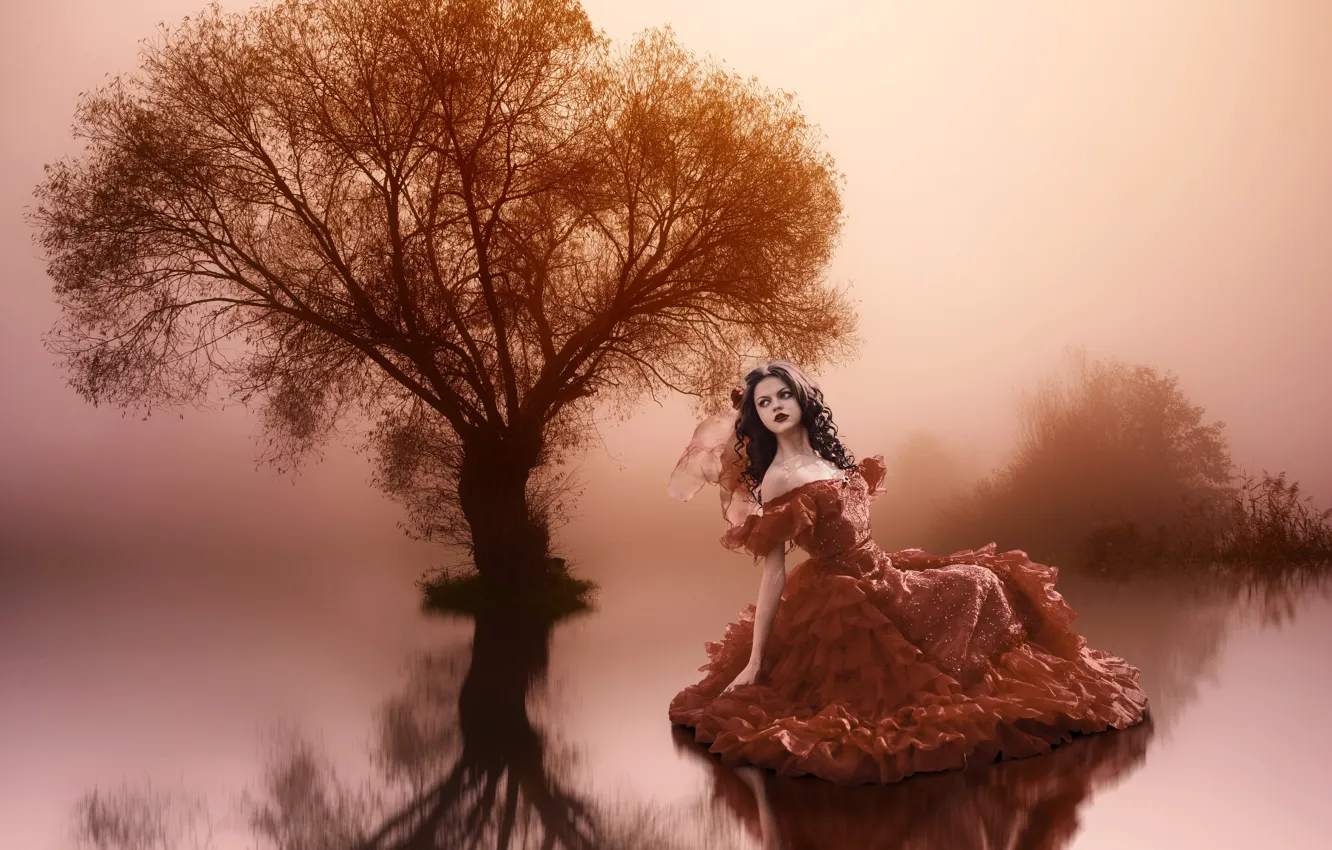 Photo wallpaper the sky, water, girl, trees, pose, fog, lake, pond