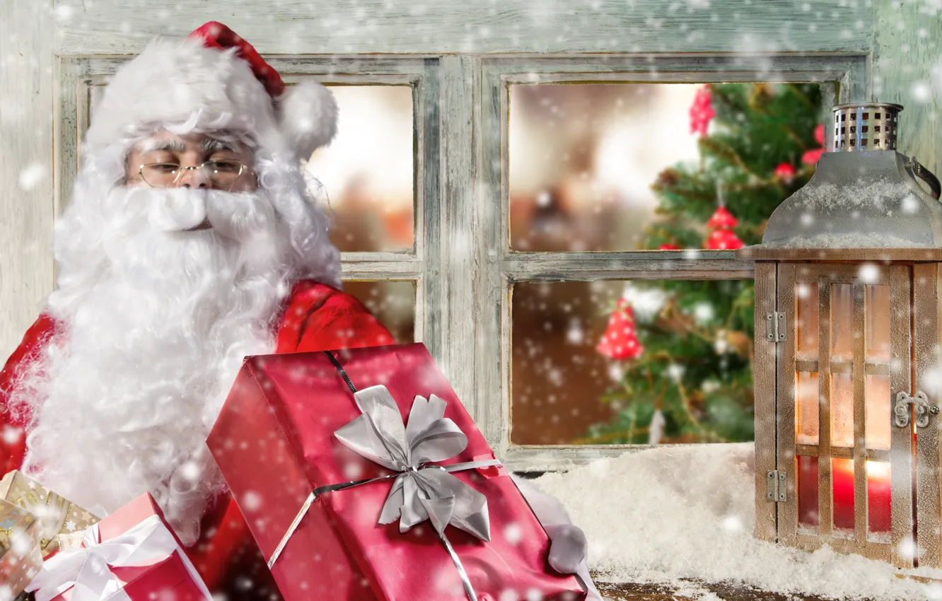 Photo wallpaper gift, window, lights, Santa Claus