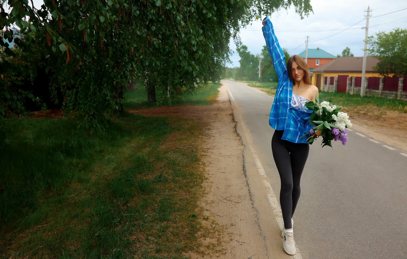 Photo wallpaper girl, grass, road, blouse, sky, trees, flowers, clouds