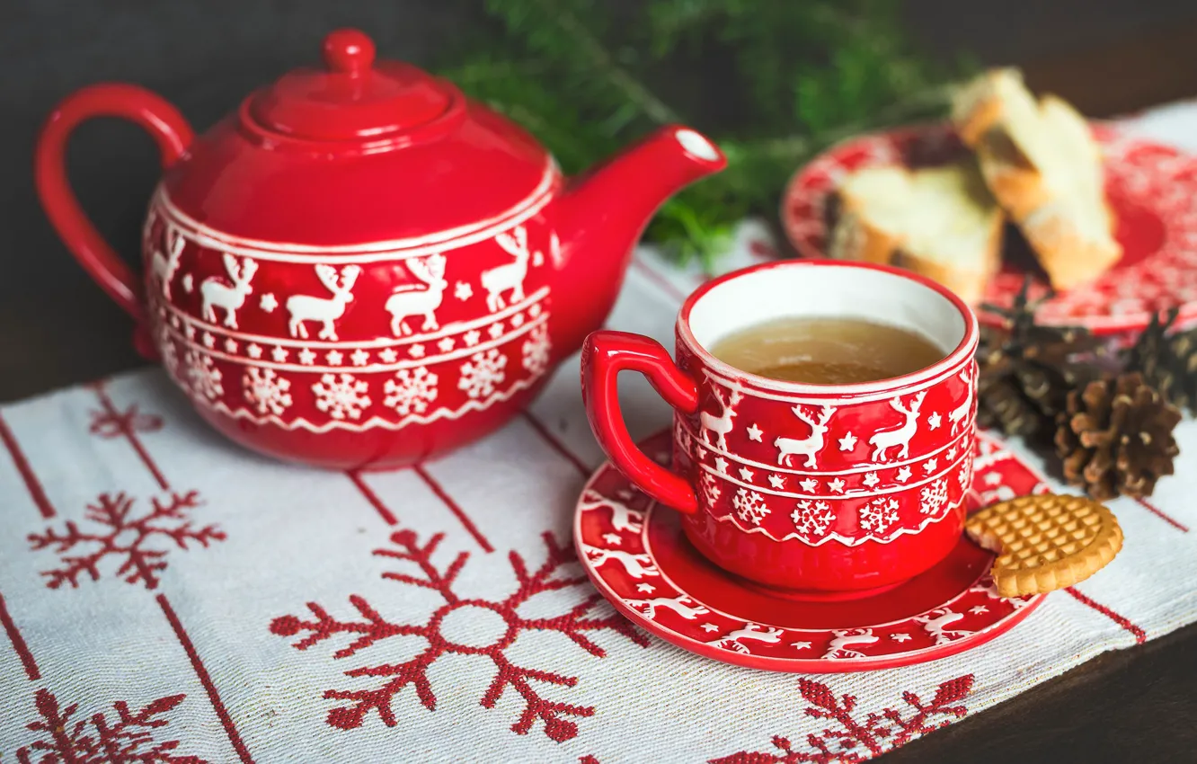 Photo wallpaper snowflakes, red, table, background, mood, holiday, tea, new year