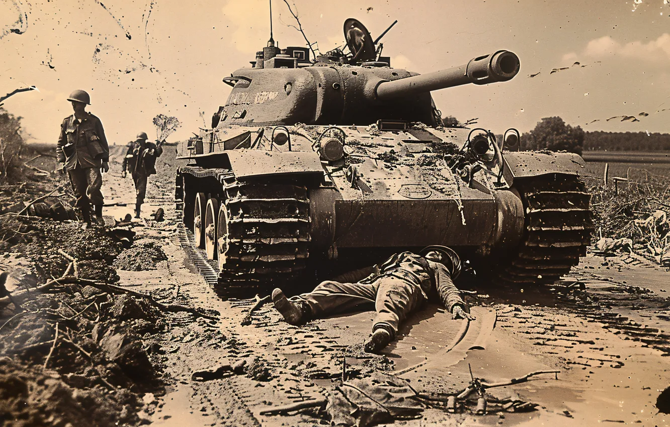 Photo wallpaper Retro, Soldiers, Tank, WWII, The great Patriotic war, The Second World War, Front, Digital art