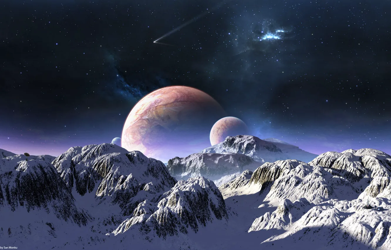 Photo wallpaper the sky, stars, snow, mountains, planet, comet, terraspace