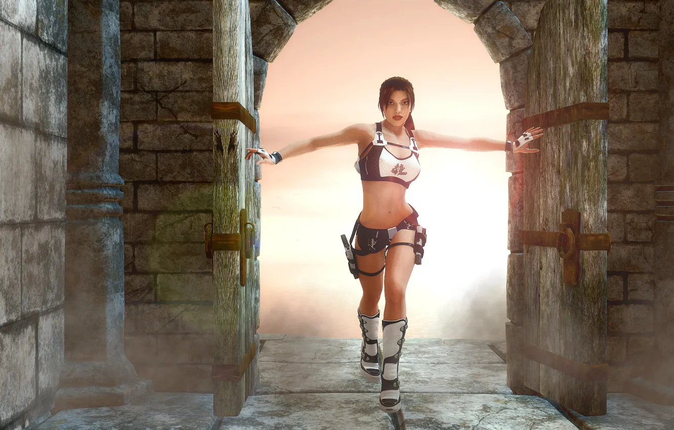 Photo wallpaper look, girl, gun, weapons, the game, shorts, the door, Tomb Raider