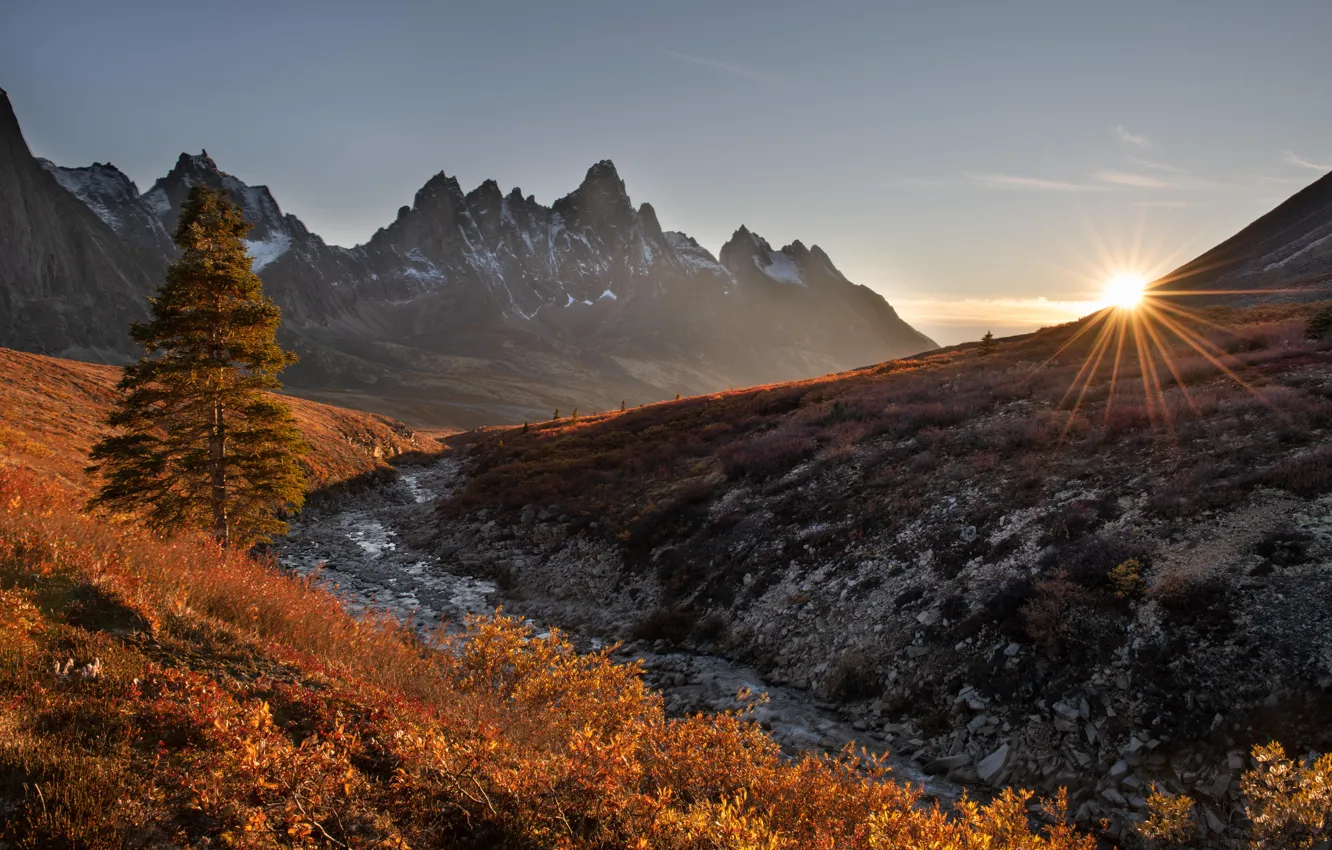 Photo wallpaper autumn, mountains, morning