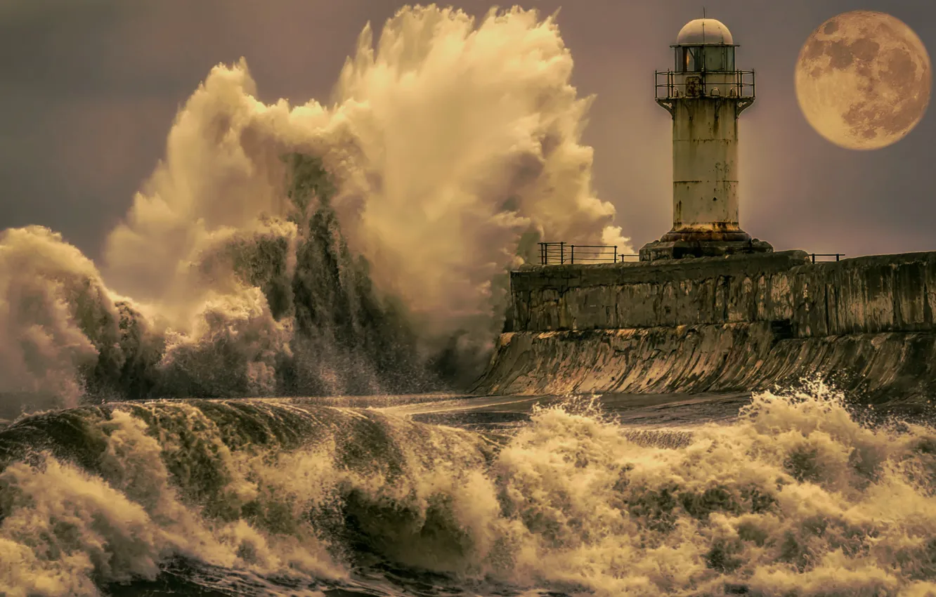 Photo wallpaper wave, storm, the moon, frowning