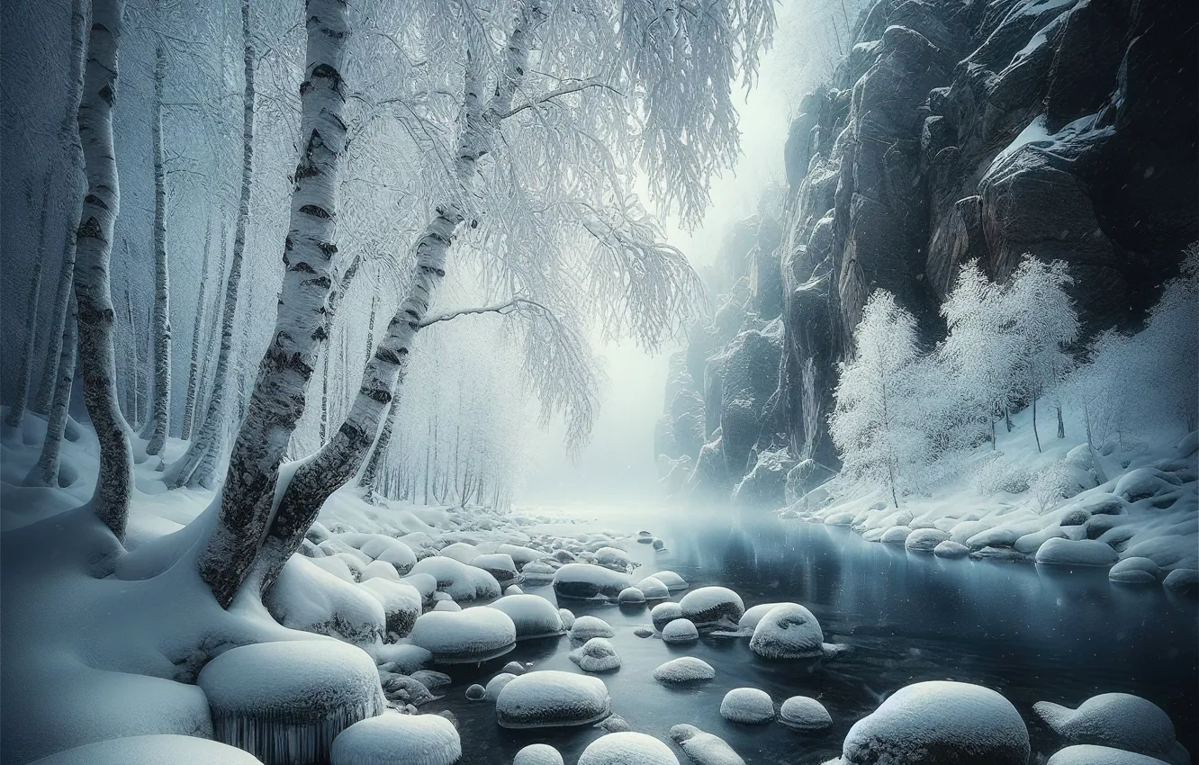 Photo wallpaper birch, stones, the snow, snow, nature, winter, AI art, pond