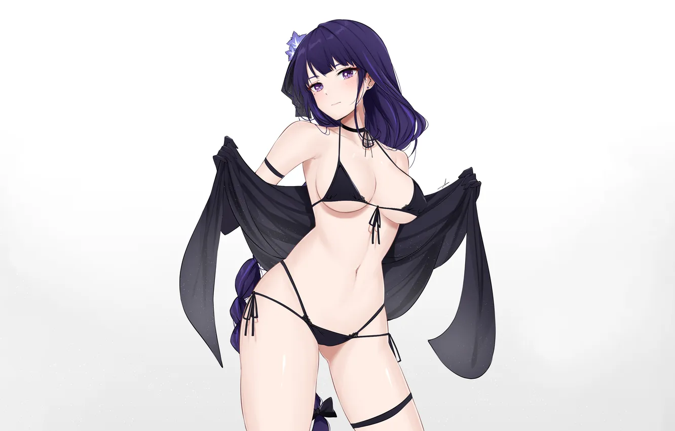 Photo wallpaper girl, sexy, cleavage, long hair, boobs, anime, beautiful, purple eyes