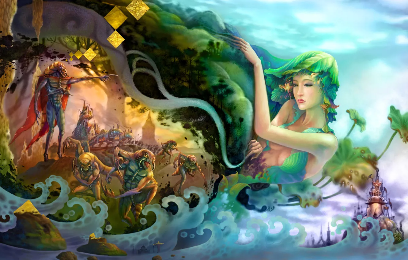 Photo wallpaper sea, wave, girl, surrealism, plant, monster, art