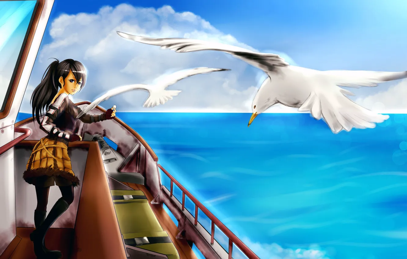 Photo wallpaper sea, girl, birds, ship, seagulls, art, food