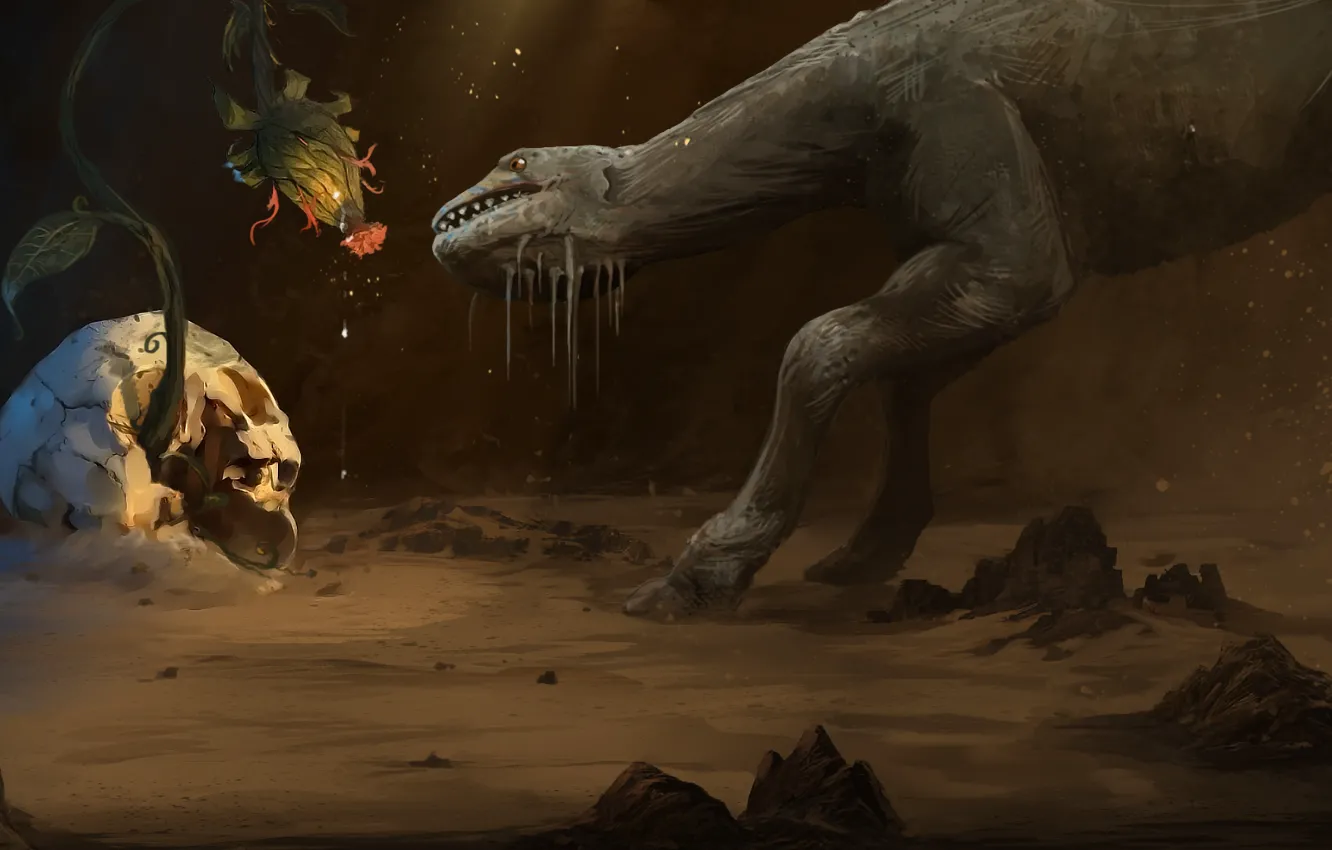 Photo wallpaper sand, flowers, animal, plant, skull, being, art