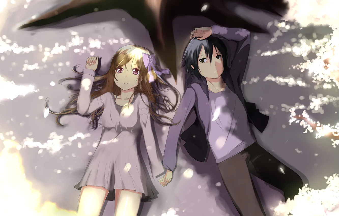 Photo wallpaper girl, anime, petals, Sakura, art, guy, bow, hews