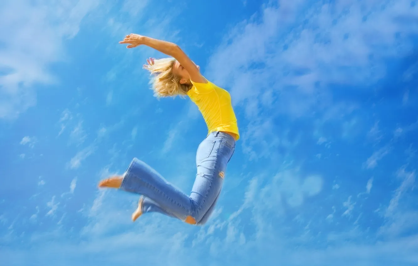 Photo wallpaper the sky, girl, movement, positive, blonde