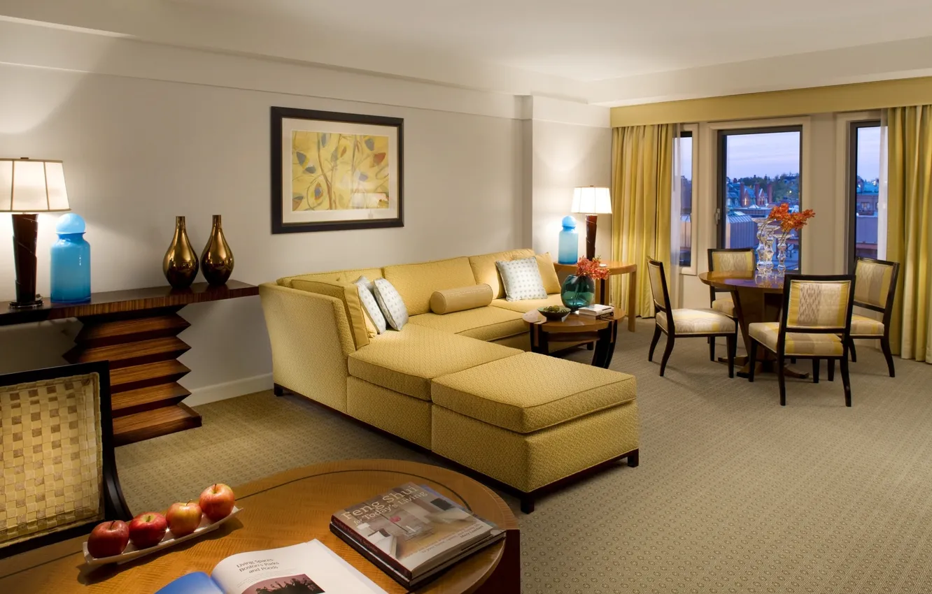 Photo wallpaper flowers, yellow, design, style, table, room, sofa, apples