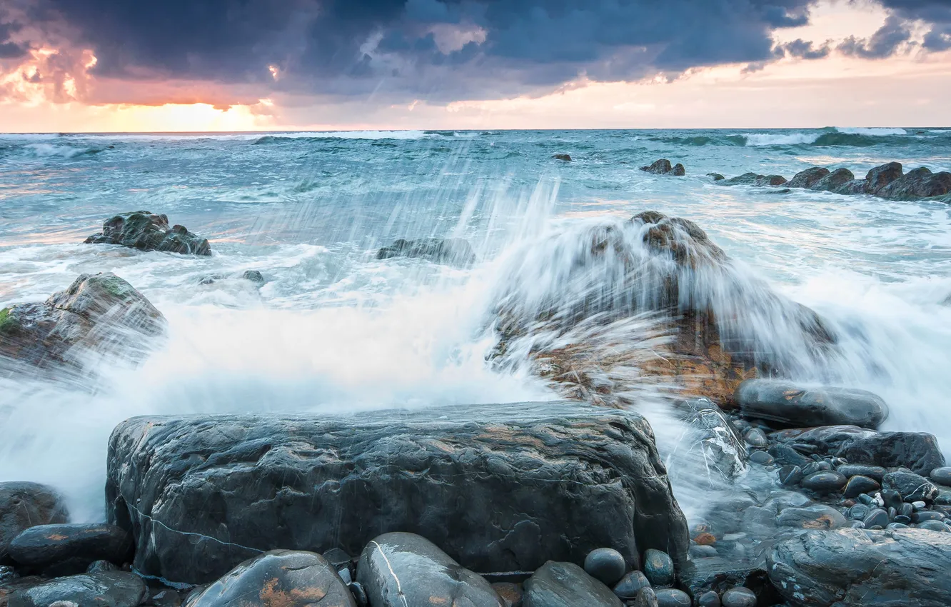 Photo wallpaper sea, the sky, clouds, squirt, storm, stones