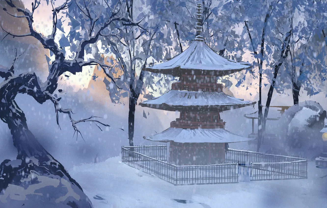 Photo wallpaper snow, fence, pagoda, Japan, winter forest, Japanese temple, by Surendra Rajawat