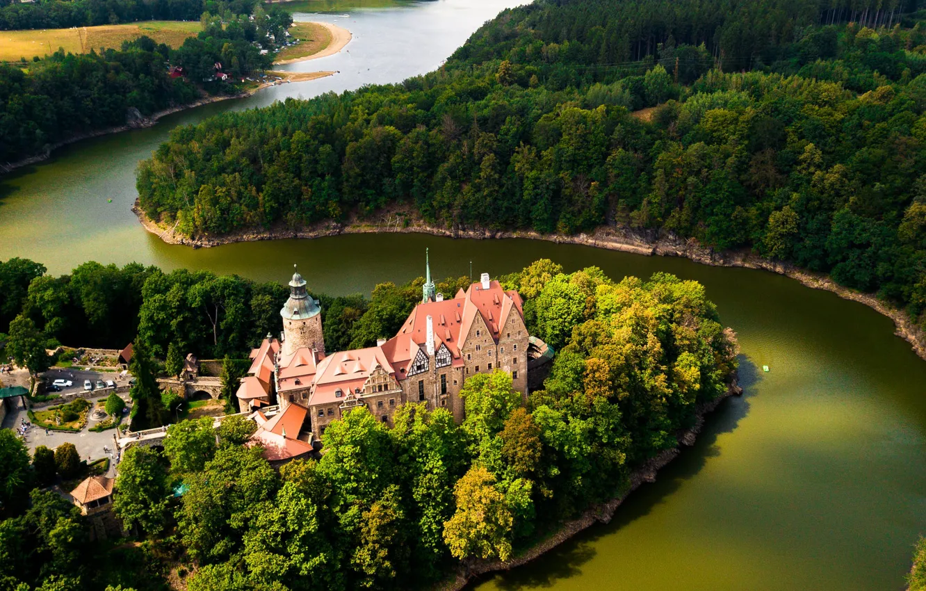 Photo wallpaper landscape, nature, river, castle, Poland, architecture, Czocha castle, the Czocha castle