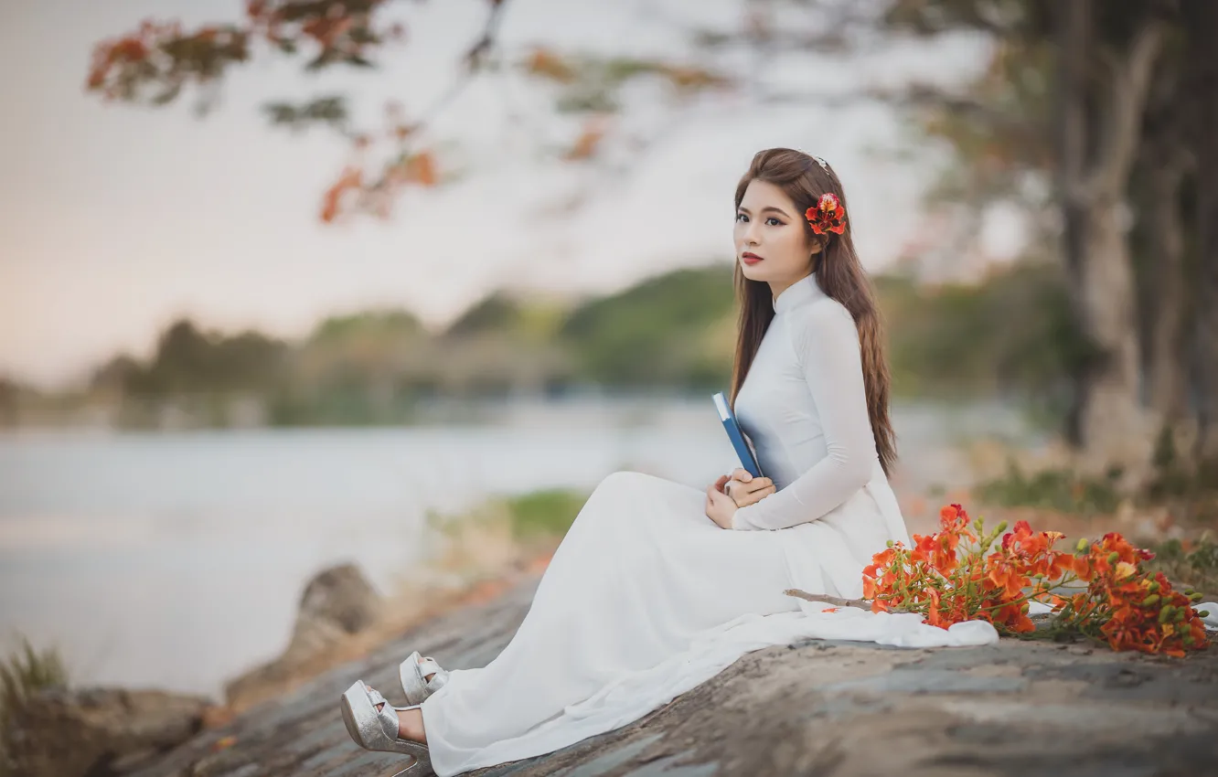 Photo wallpaper girl, flowers, nature, book, Asian