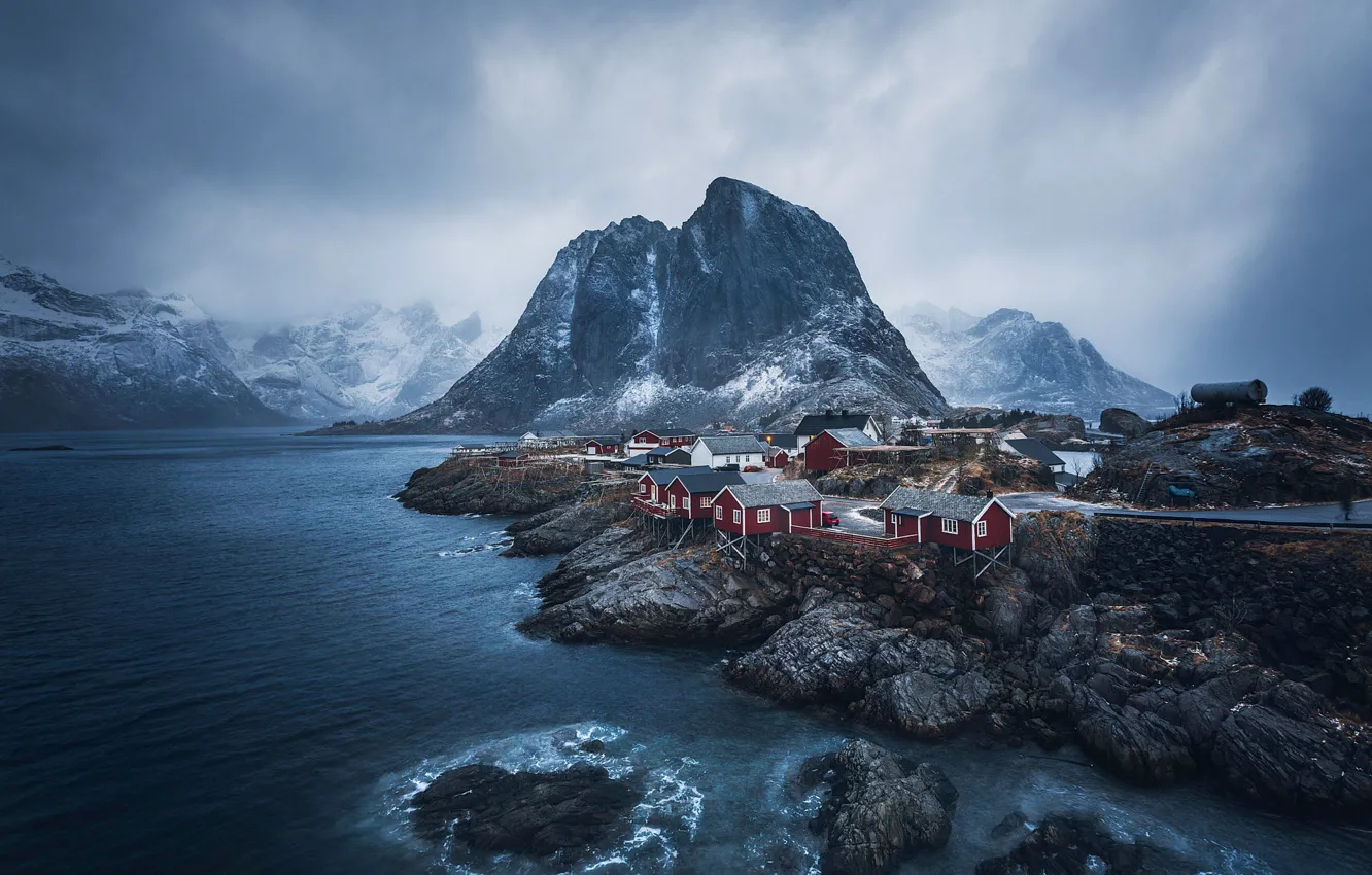 Photo wallpaper mountains, rocks, Norway, the village, the fjord, The Lofoten Islands