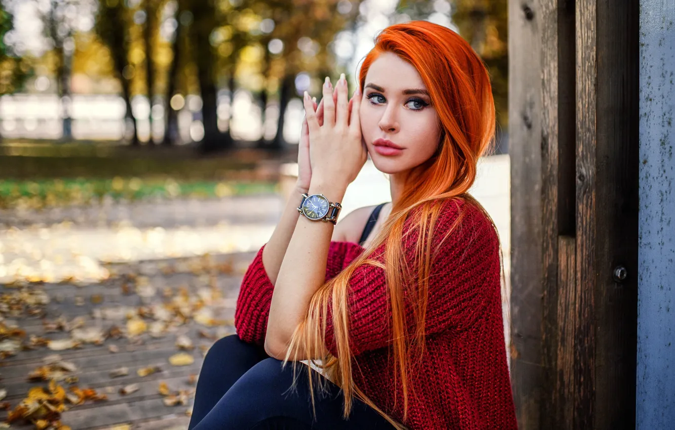 Photo wallpaper autumn, leaves, trees, red, model, portrait, makeup, hairstyle