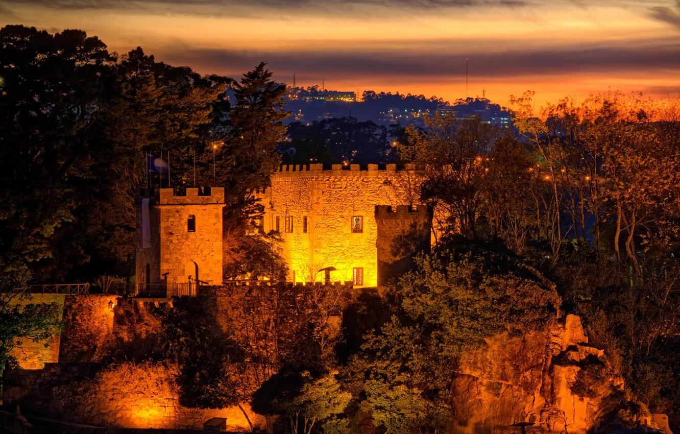 Photo wallpaper the sky, trees, sunset, nature, lights, stones, castle, wall