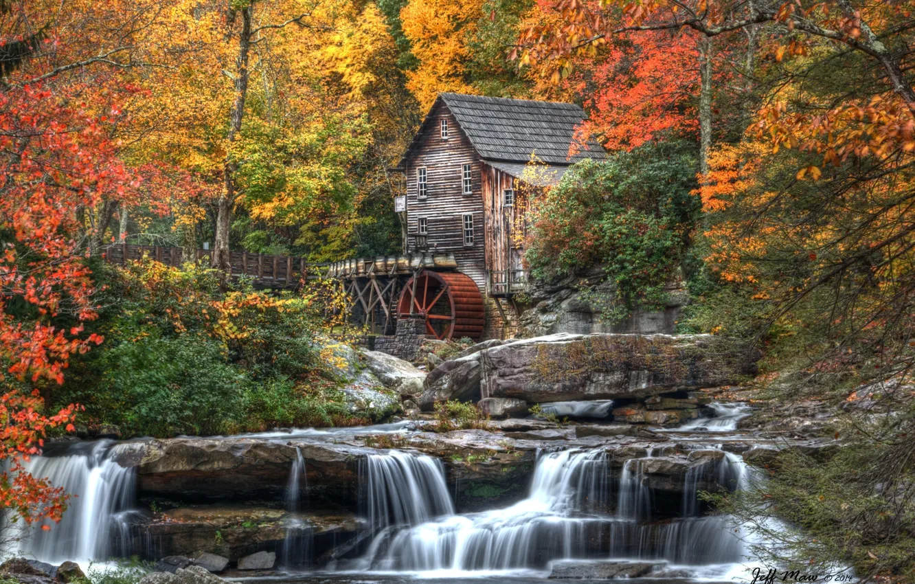 Photo wallpaper autumn, forest, leaves, trees, nature, house, river