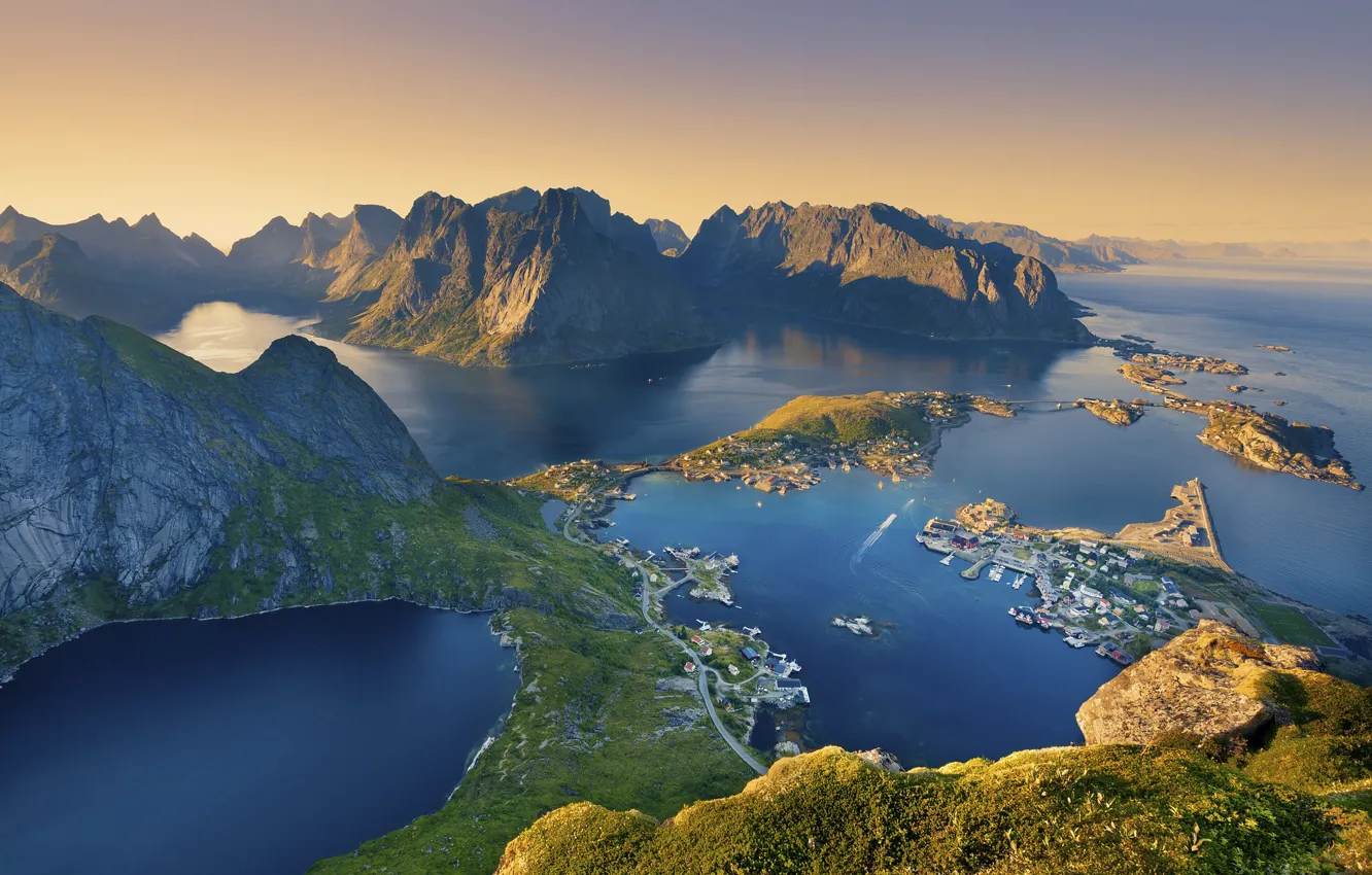 Photo wallpaper sea, mountains, home, Norway, the village, The Lofoten Islands
