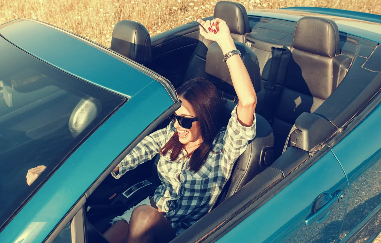 Photo wallpaper auto, girl, the sun, joy, pose, glasses, convertible, nails