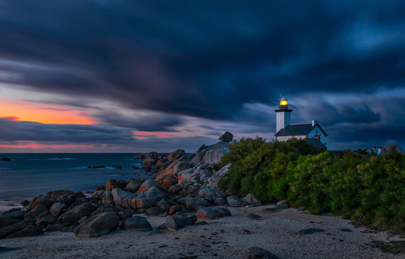 Photo wallpaper sand, sea, light, night, clouds, lights, stones, the wind