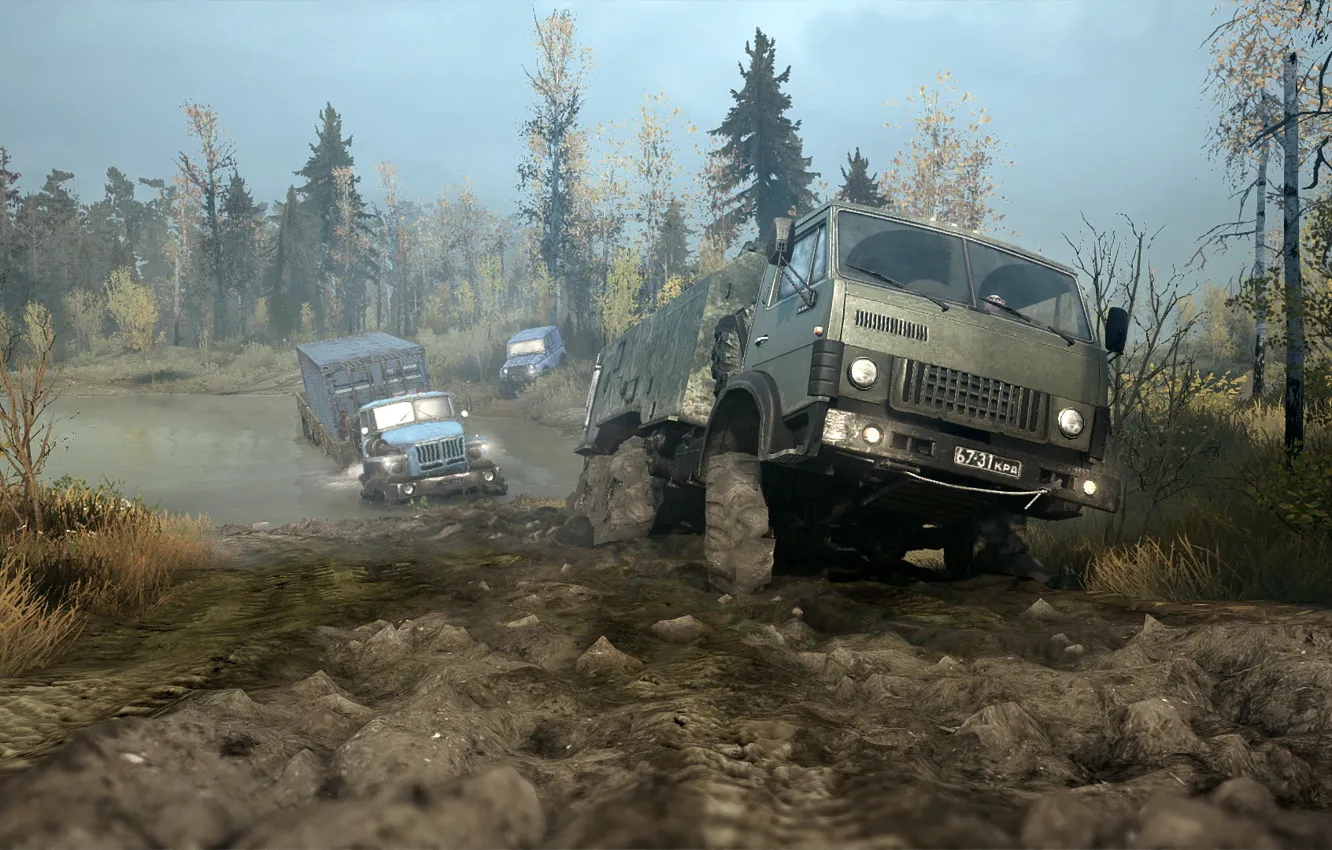 Photo wallpaper swamp, dirt, taiga, UAZ, KAMAZ, Ural, Spintires, MudRunner