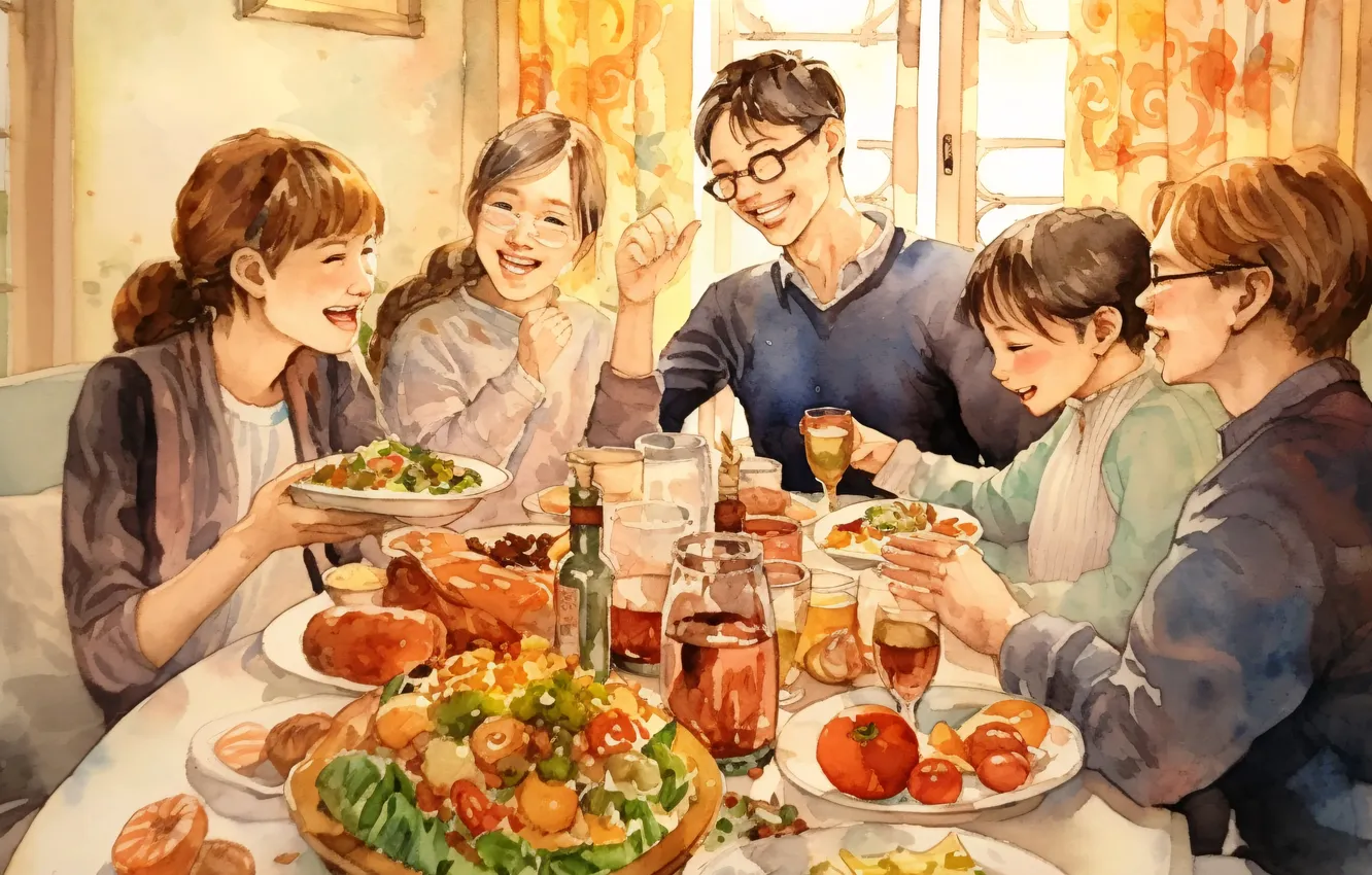 Photo wallpaper girl, joy, smile, table, new year, food, Christmas, drink