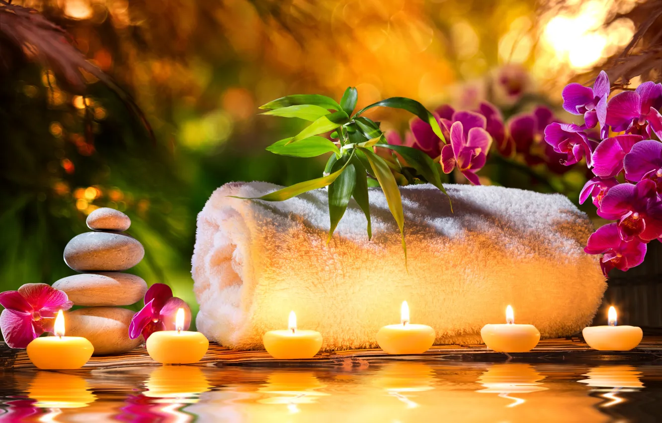 Photo wallpaper flowers, towel, candles, Orchid, flowers, candles, orchids, towel