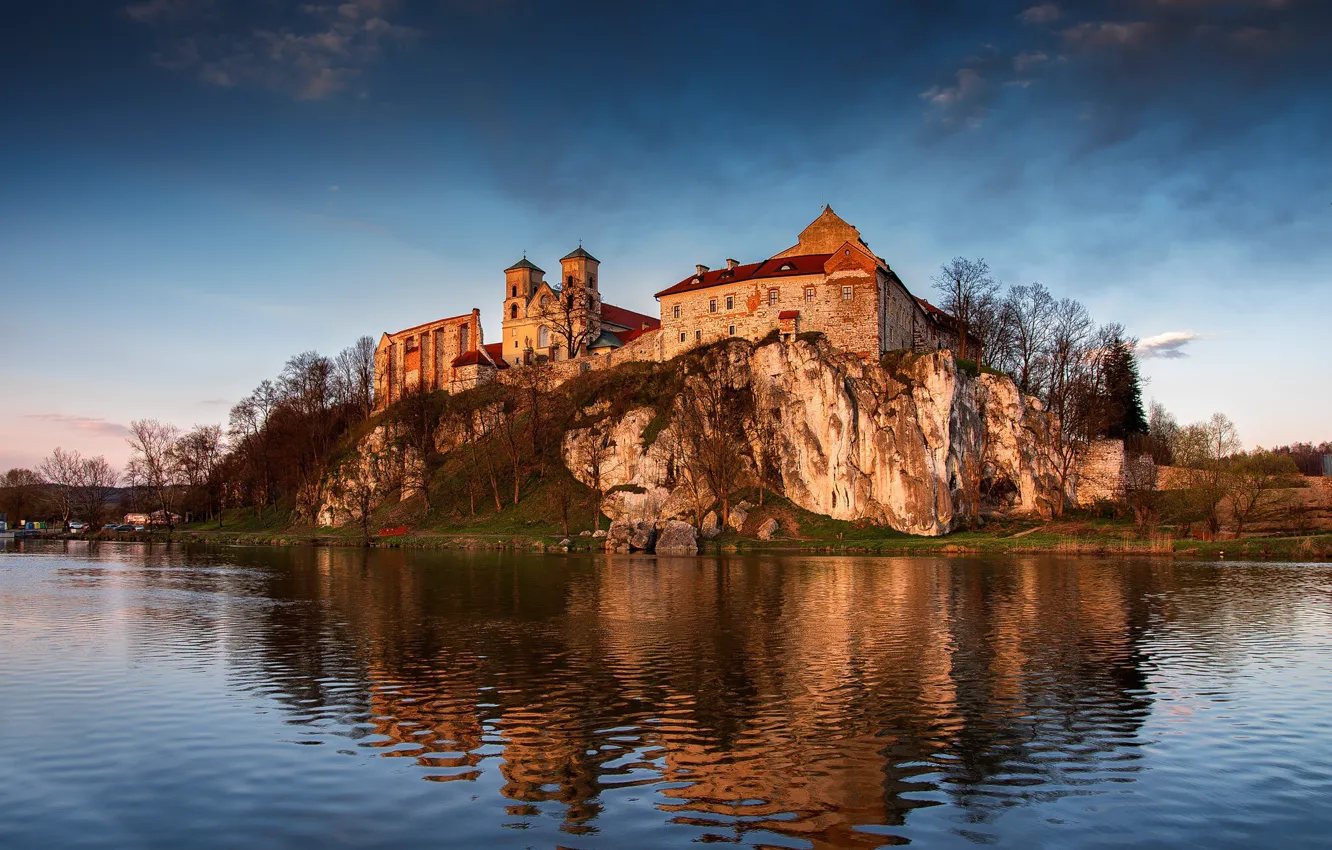 Photo wallpaper landscape, Park, river, rocks, Poland, monument, architecture, the monastery