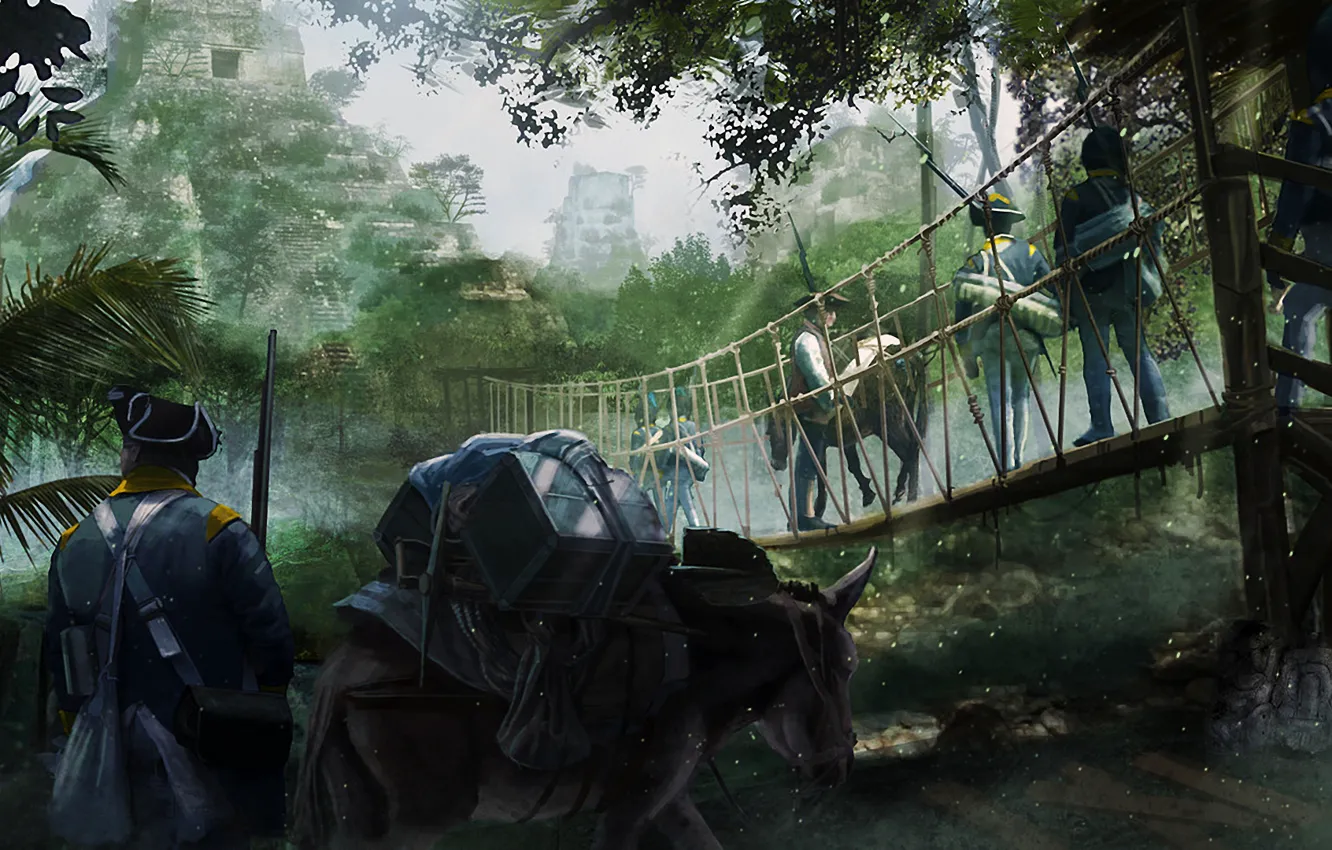 Photo wallpaper jungle, painting, Concept Art, pyramid