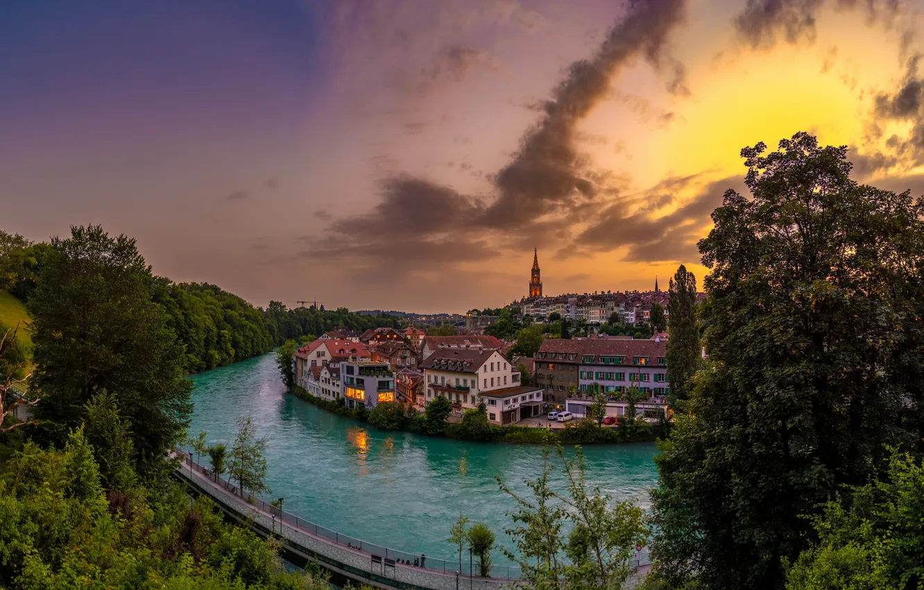 Photo wallpaper the city, river, home, Switzerland, Bern