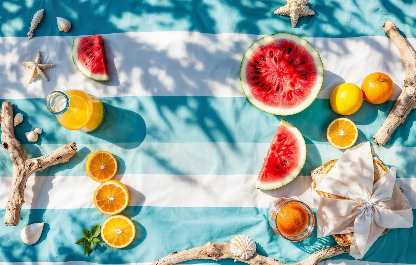Photo wallpaper beach, summer, the sun, stay, summer, fruit, sunshine, picnic