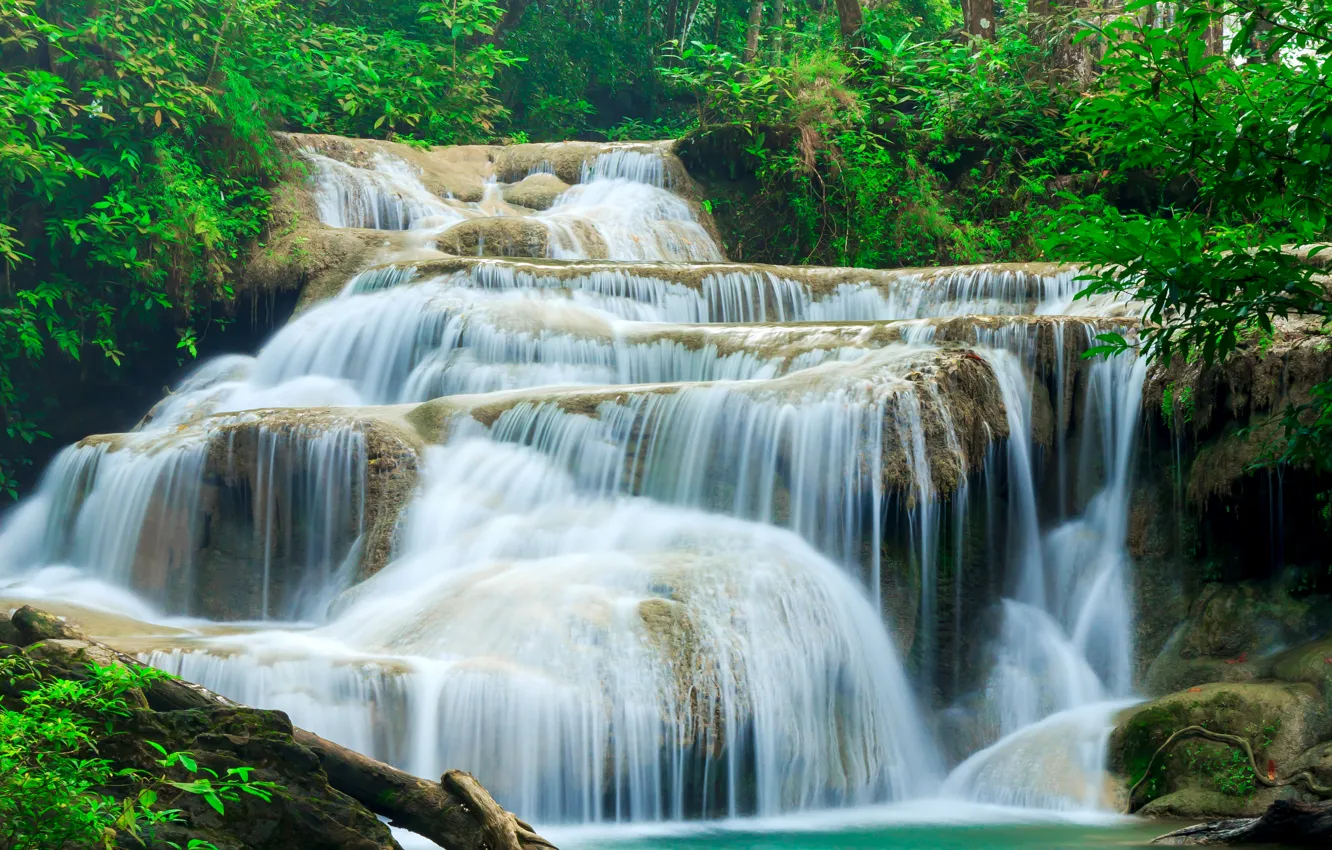 Photo wallpaper forest, stream, waterfall, Thailand, Kanchanaburi, Erawan Waterfall, Erawan