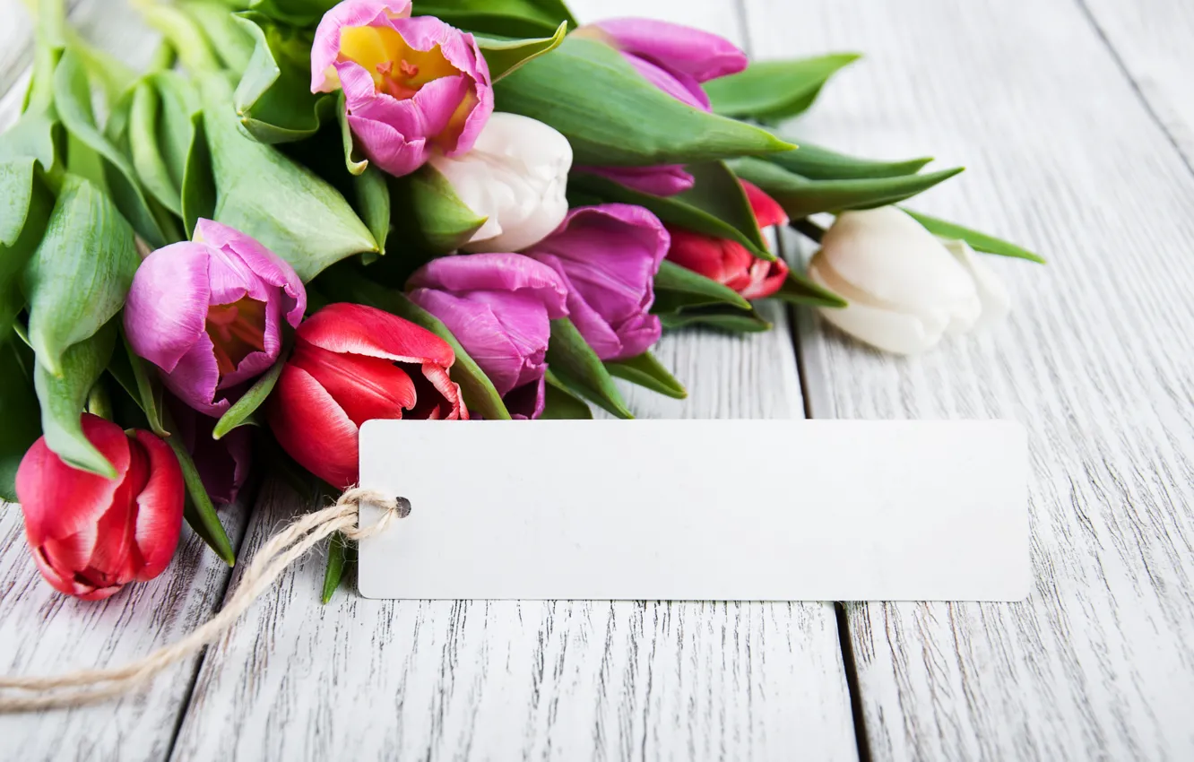Photo wallpaper flowers, bouquet, colorful, tulips, wood, pink, flowers, tulips
