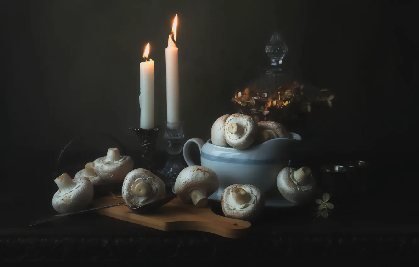 Photo wallpaper flame, the dark background, cutting Board, table, candles, mushrooms, mushrooms, vase