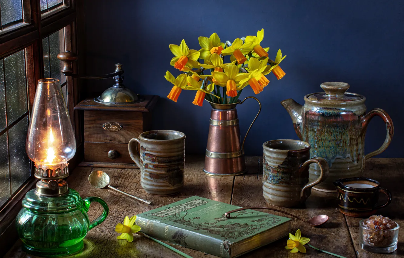 Photo wallpaper flowers, style, lamp, bouquet, book, mugs, still life, daffodils