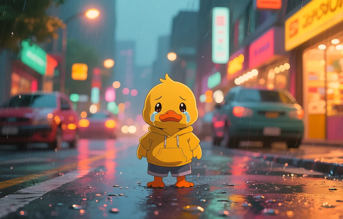 Photo wallpaper city, sad, rain, ai art, duckling