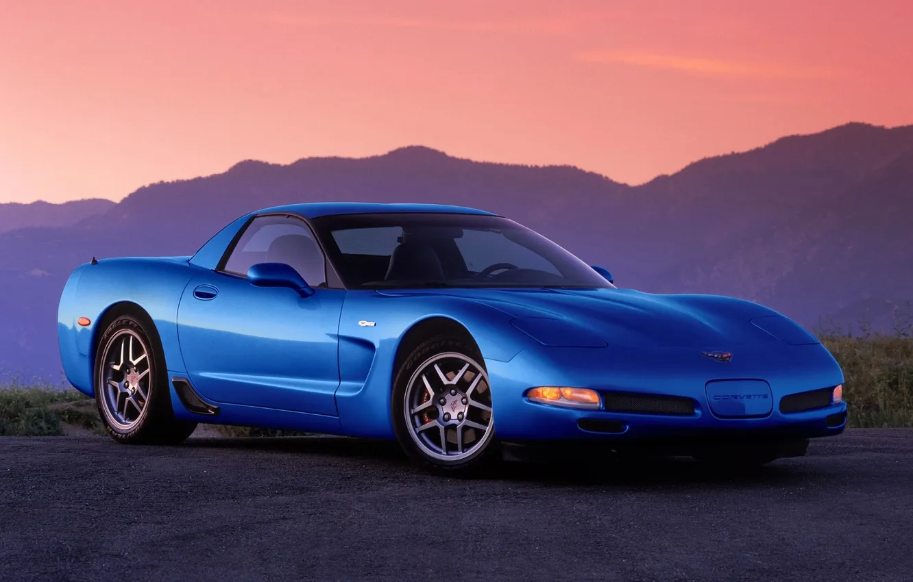 Photo wallpaper blue, Z06, Corvette, Chevrolet, Chevrolet, supercar, the front, mountains.the sky