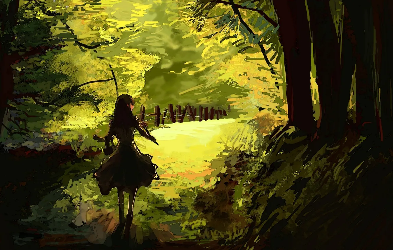 Photo wallpaper forest, girl, trees, animal, back, shoes, rabbit, dress