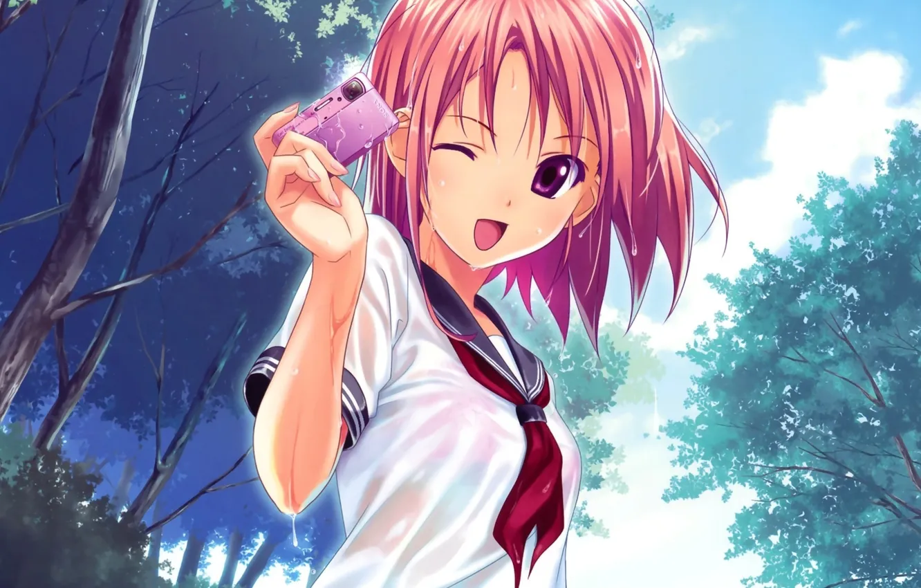 Photo wallpaper forest, girl, smile, camera