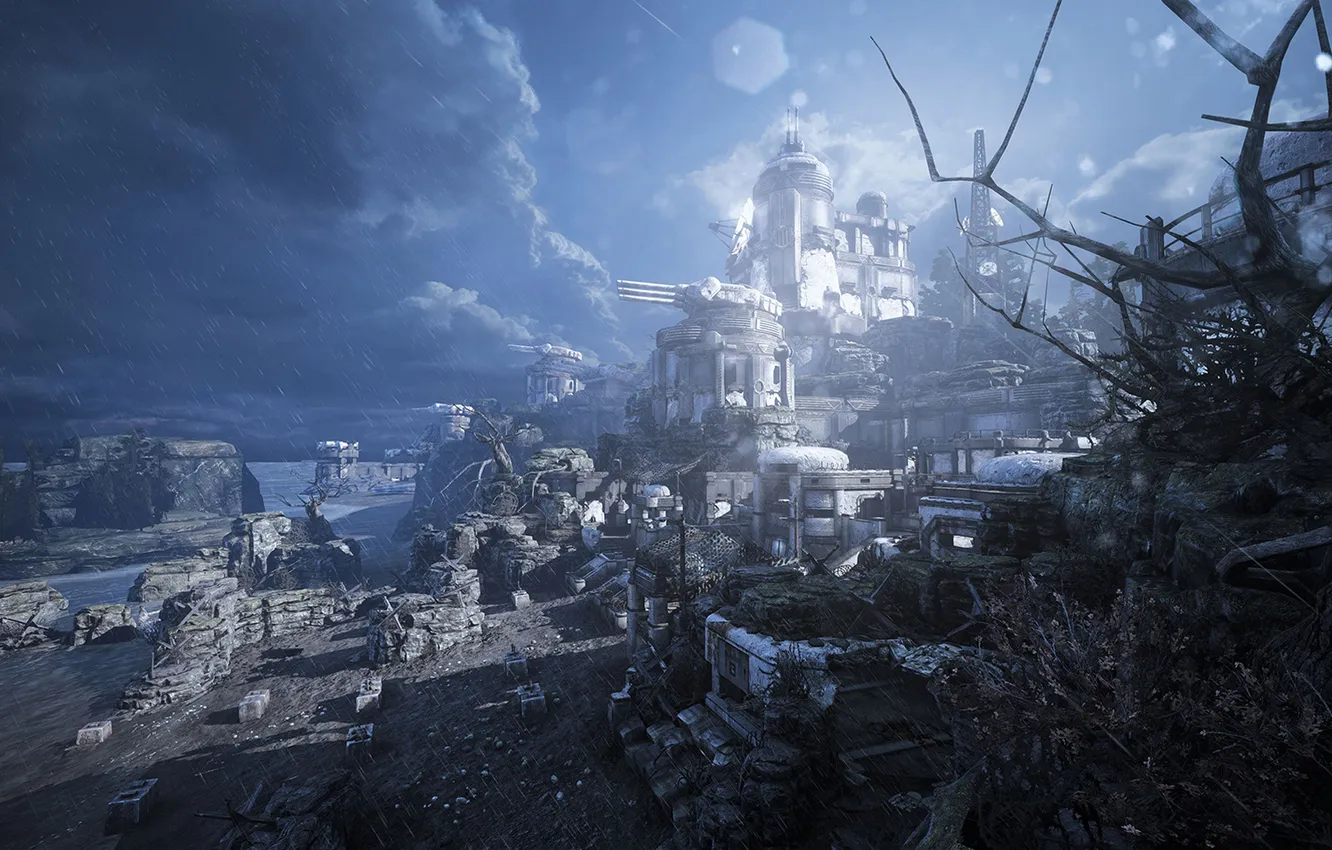 Photo wallpaper sea, weapons, rain, rocks, coast, base, Gears of War, Judgment