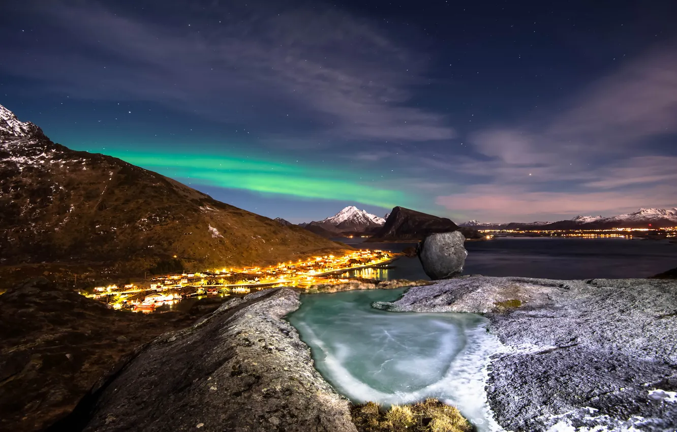 Photo wallpaper sea, landscape, mountains, night, the city, lights, Bay