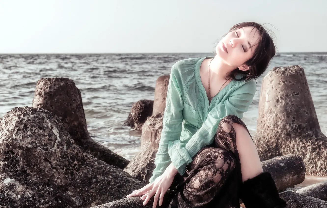 Photo wallpaper sea, girl, mood, Tomomi