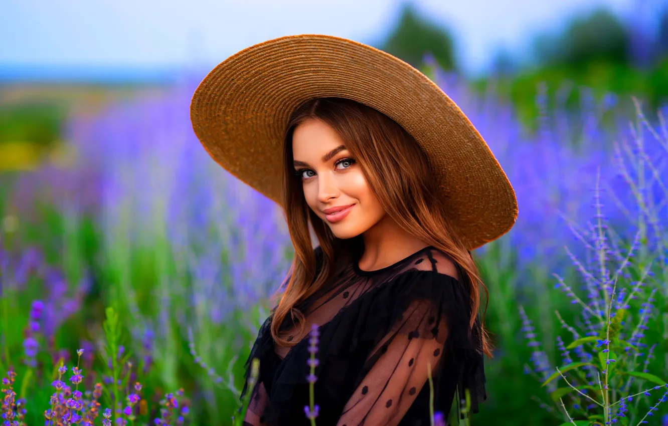 Photo wallpaper field, look, girl, nature, smile, portrait, hat, Olga Boyko