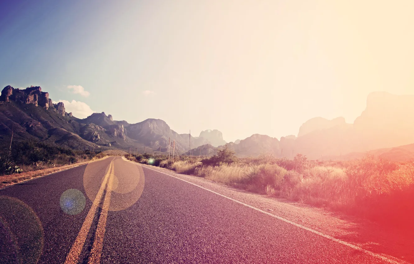 Photo wallpaper road, mountains, nature, morning