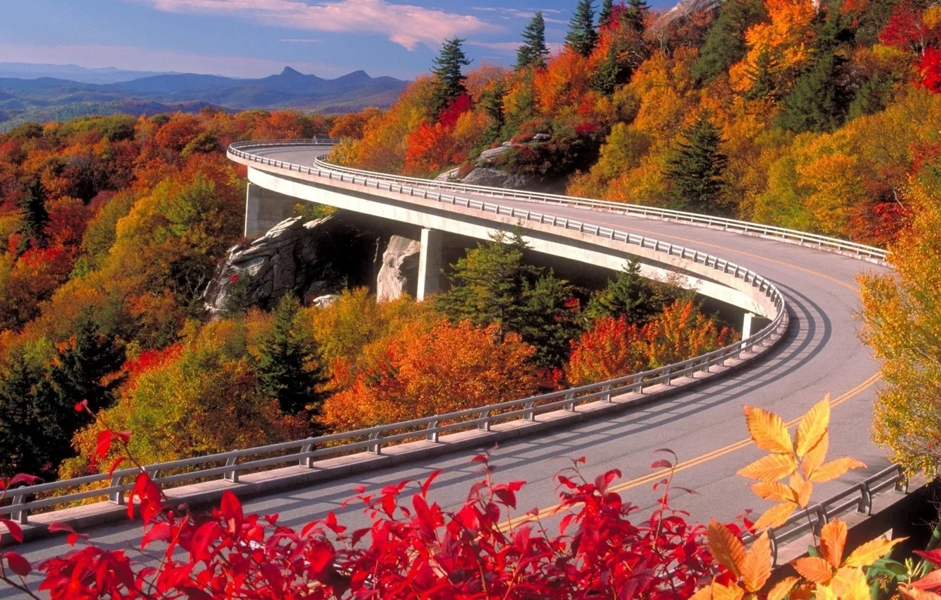 Photo wallpaper road, autumn, the sky, mountains, nature